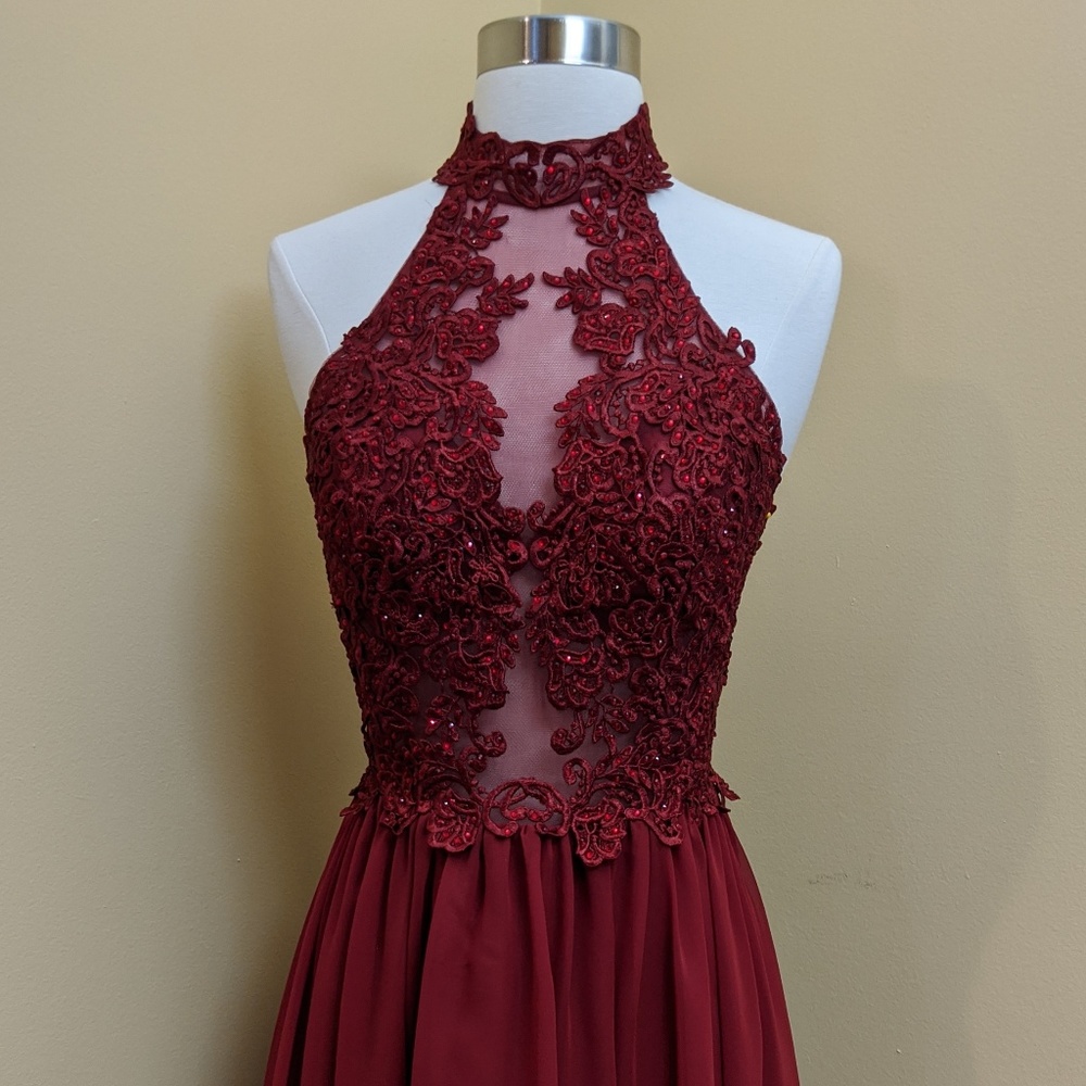 Burgundy Beaded Lace Top with Chiffon Flare Skirt